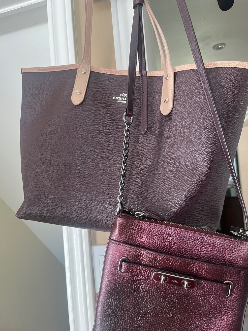 Coach Two-Piece Tote and Crossbody in Burgundy bag.